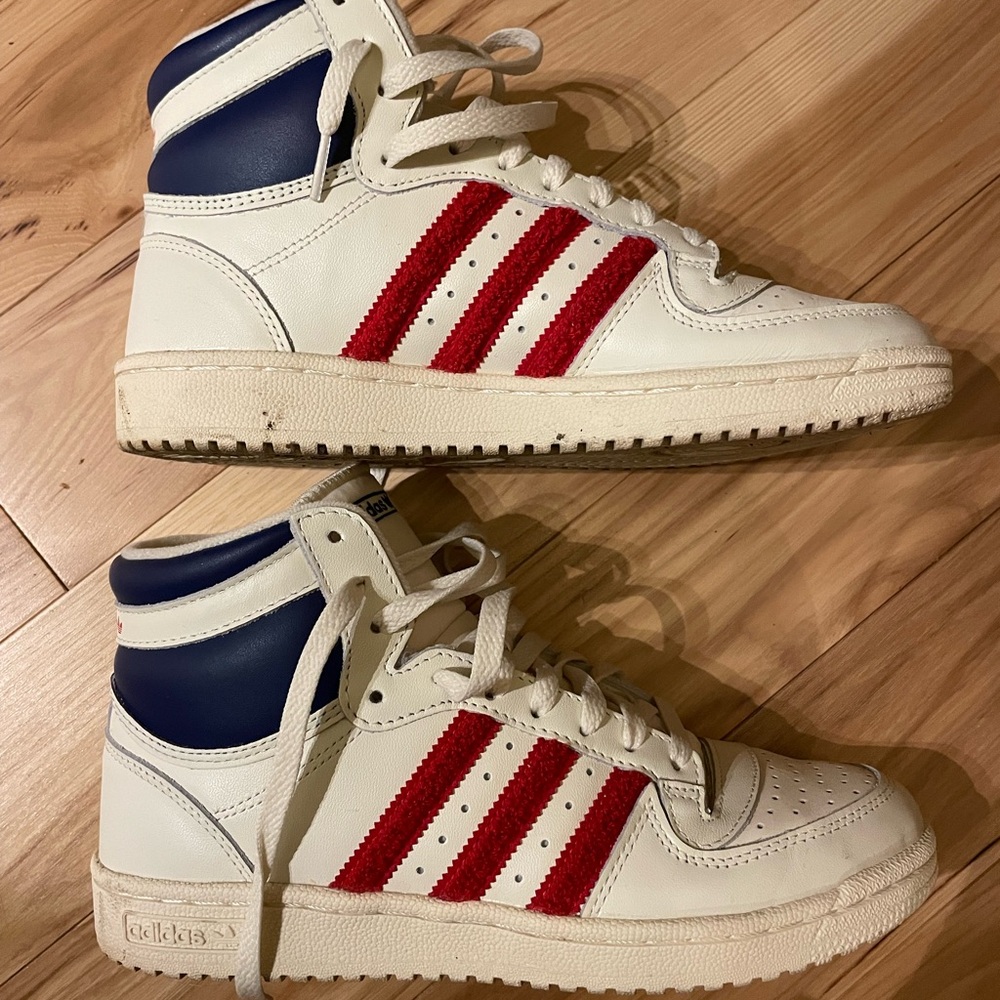 Adidas Three Stripe High-Top Sneakers - White, Red, Blue